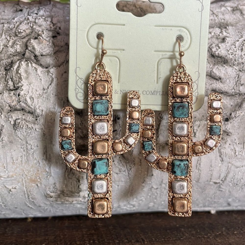 GOLDTONE TURQUOISE, GOLD AND SILVER CUBE BEAD CACTUS EARRINGS - Picture 2 of 2